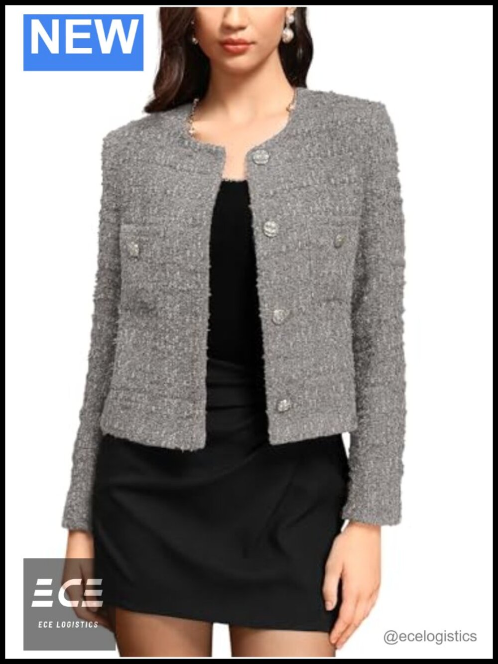 Cropped Tweed Blazer Wool Boucle Button Front Business Casual